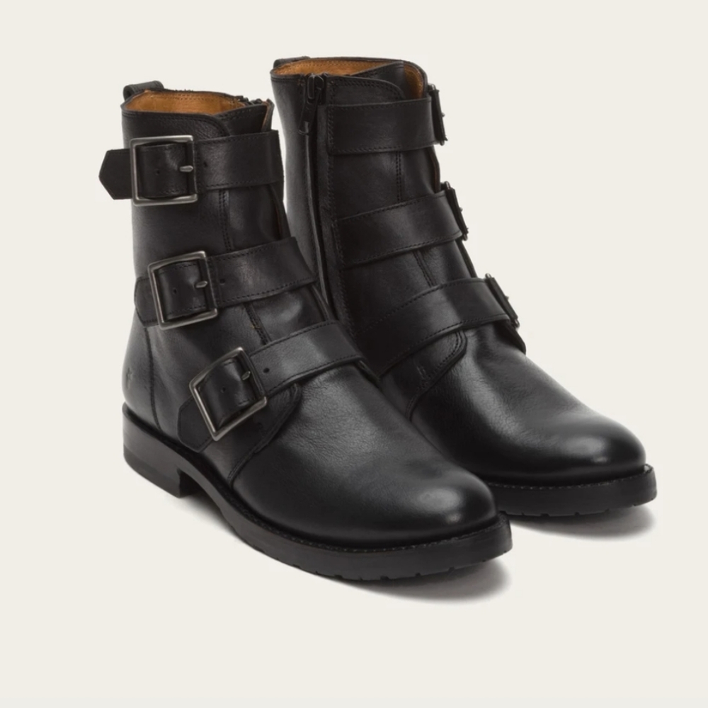 Frye Natalie Triple Buckle Black Boots